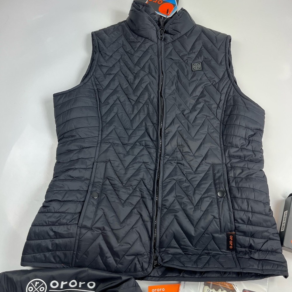 ORORO WOMEN'S HEATED 4 ZONE CHEVRON QUILTED BLACK VEST Size S